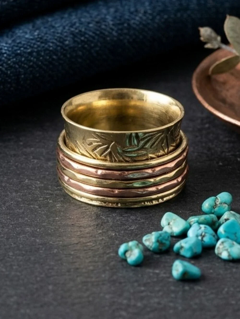 925 Sterling Silver Spinner Ring Gold Copper Meditation Fidget Boho Handmade 7